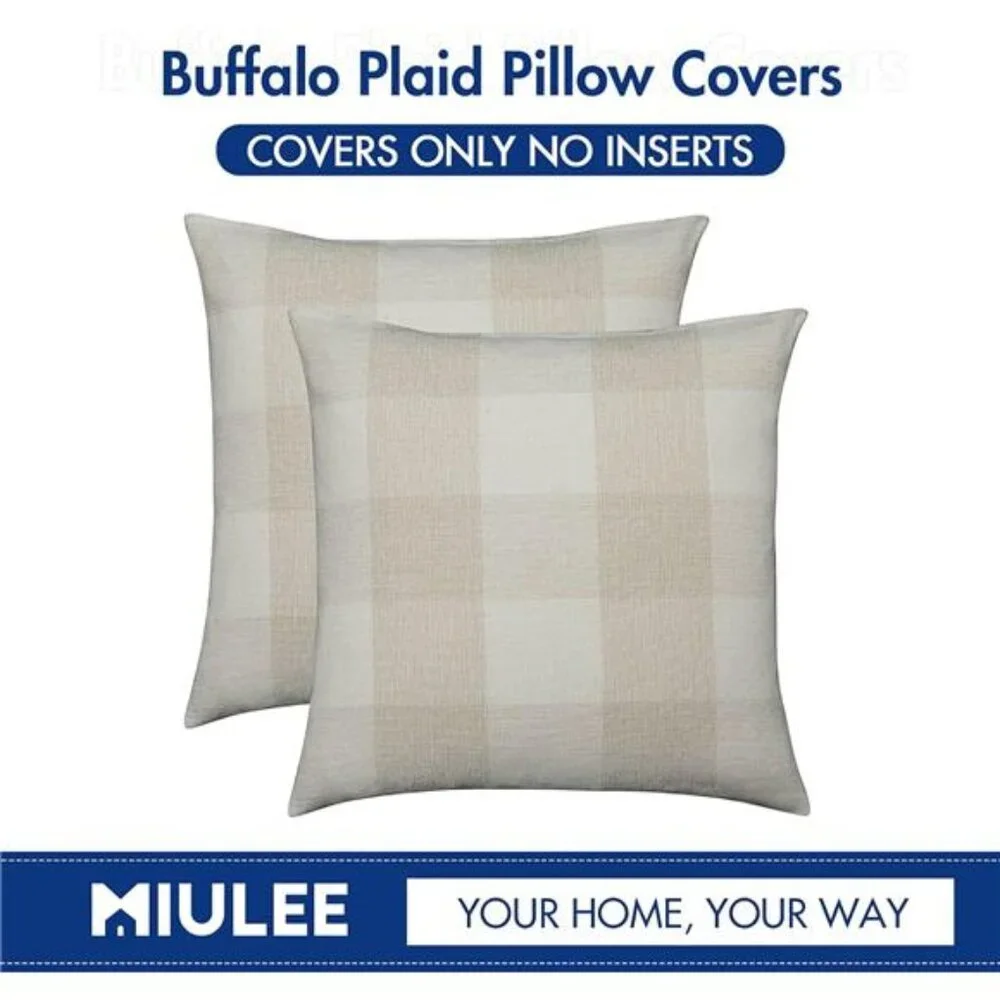 Pack of 2 Farmhouse Buffalo Check Plaids Polyester Linen Soft Soild